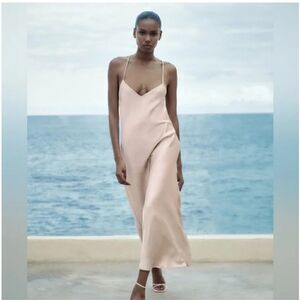 NWT Zara Champagne Satin Long Dress Open Back